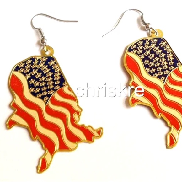 USA American US Flag Earrings Patriotic July 4th Gold Plated Brass Country Map - Picture 2 of 3